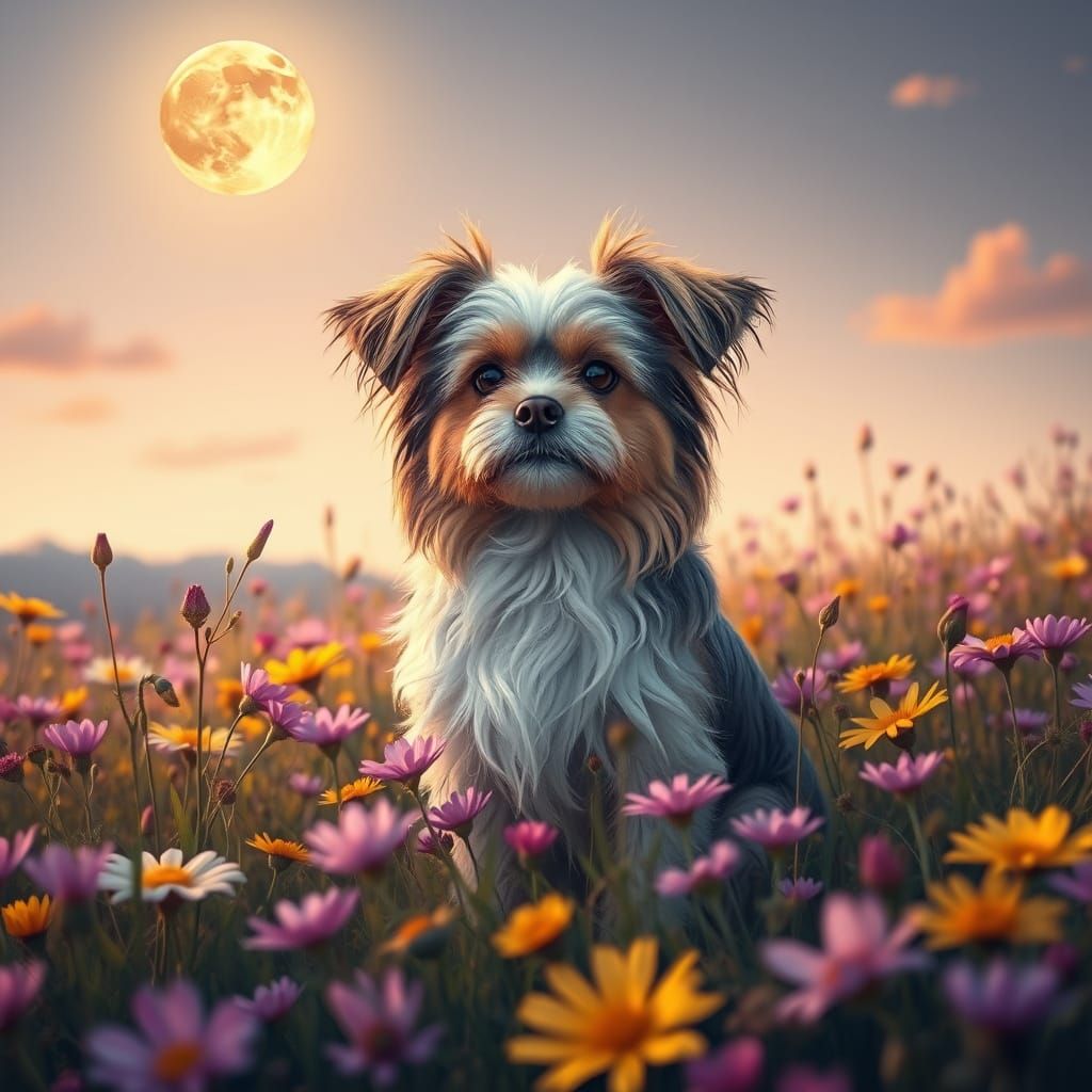 Serene Tan Brown Gray Dog Surrounded by Vibrant Wildflowers ...