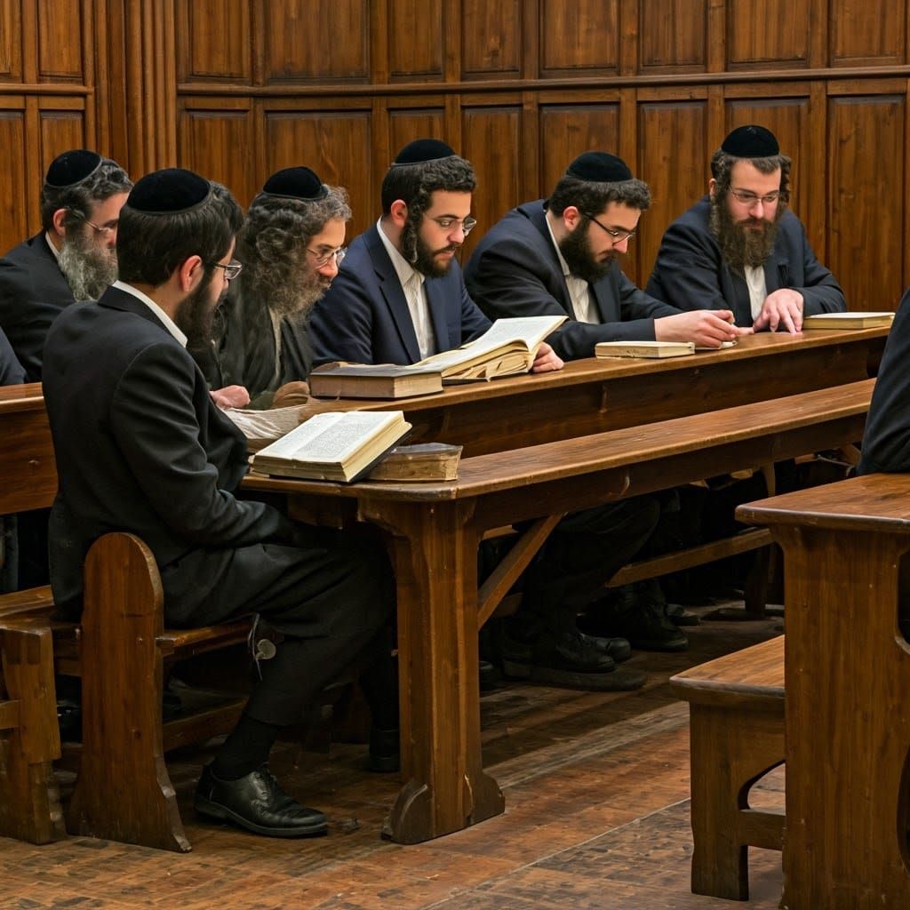 Jewish Synagogue Interior with People Studying
