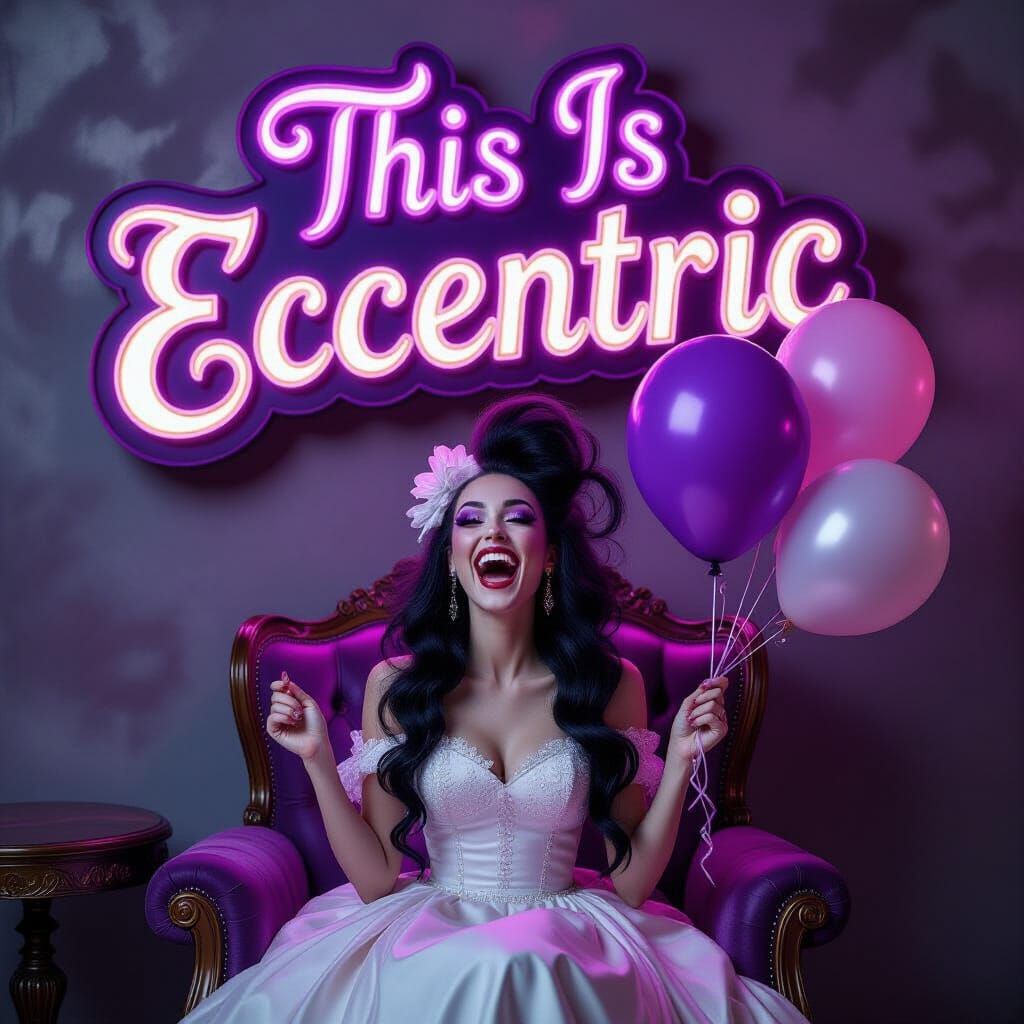 Goth Bride Laughing Under Neon Sign in Digital Photography