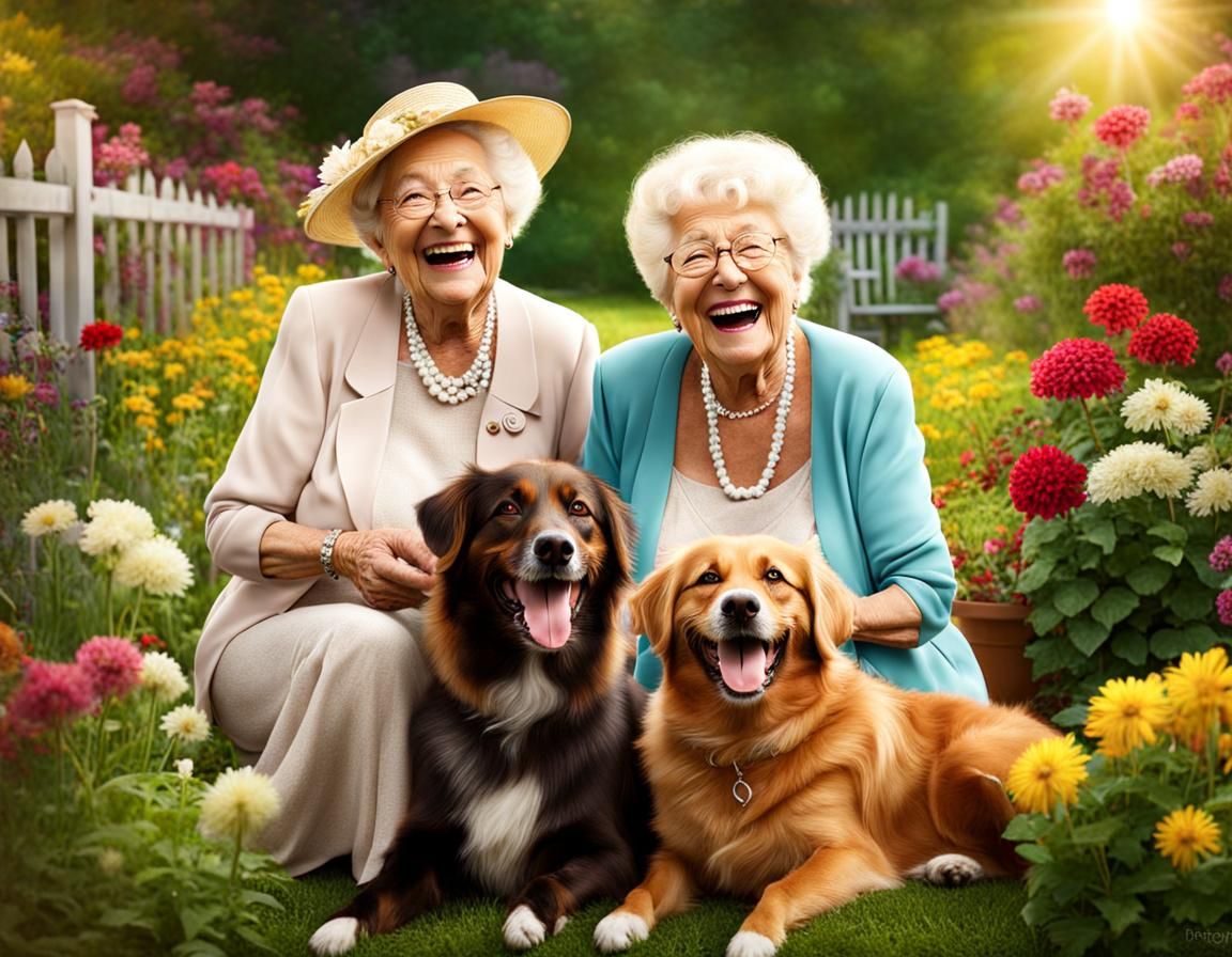 Laughing Women with Dog in Digital Garden Art
