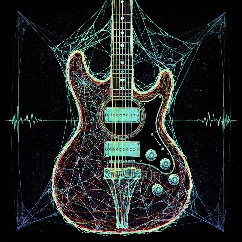 Spiderweb Guitar with Neon Threads in Cosmic Style