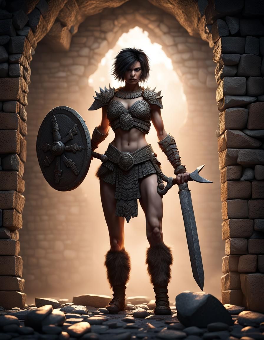 Barbarian Warrior in Stone Dungeon, Detailed Illustration