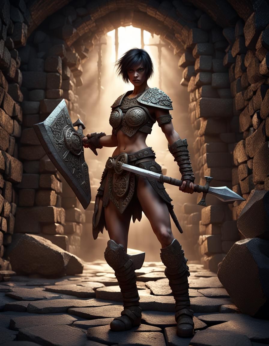 Barbarian Warhammer Mistress in Stone Dungeon