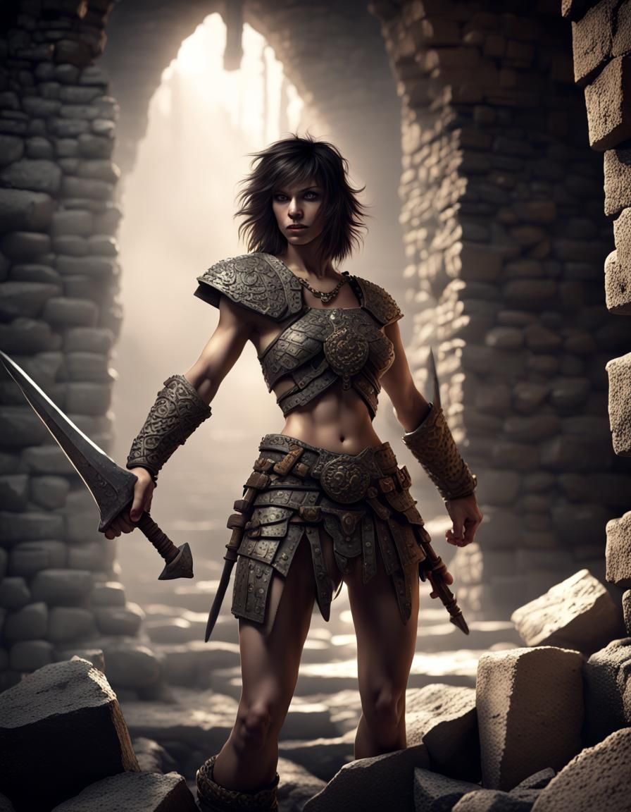 Barbarian Warrior in Stone Dungeon, Detailed Illustration