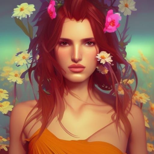 Bella Thorne Portrait with Flowers in Art Nouveau Style