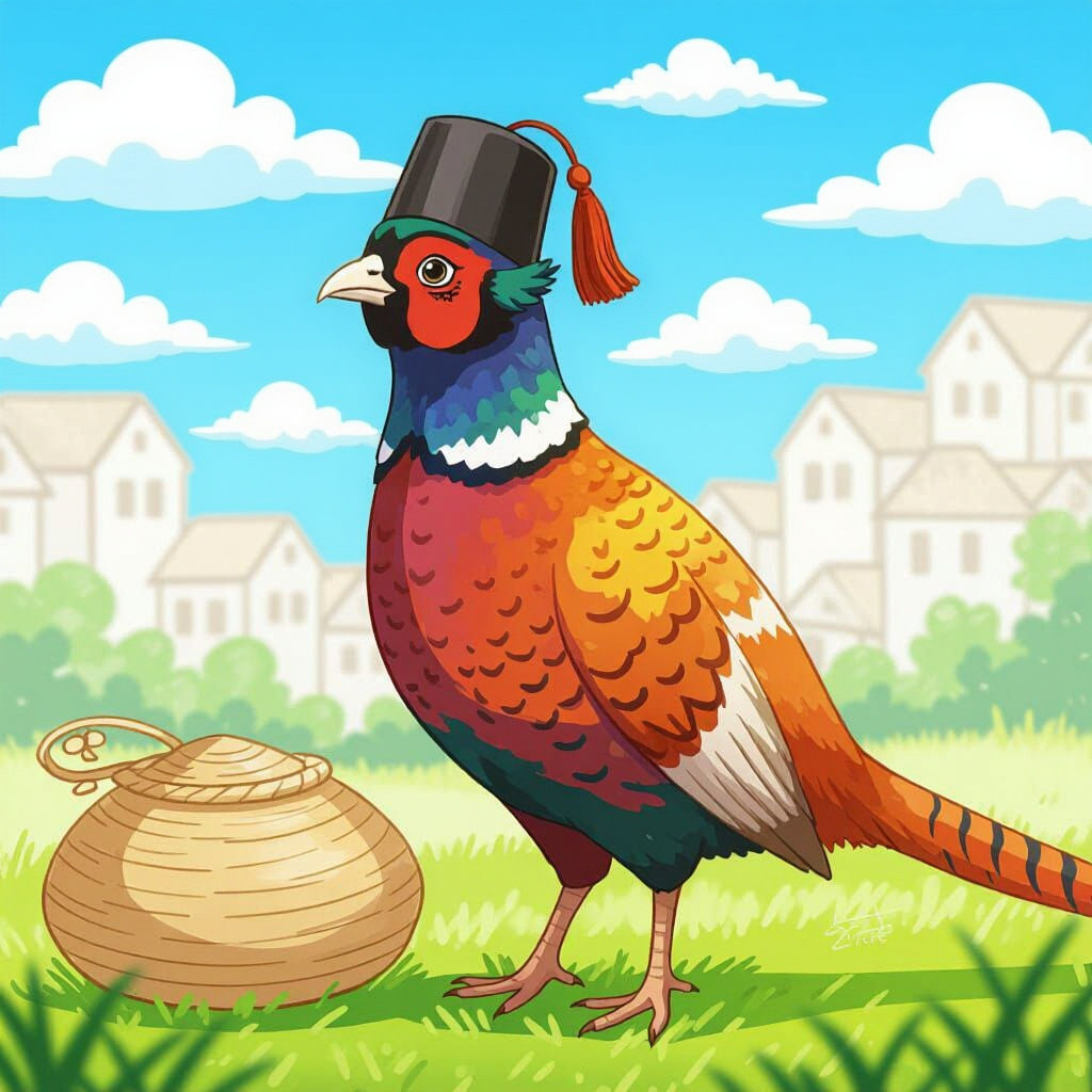 Pheasant Wearing a Fez in Anime Style