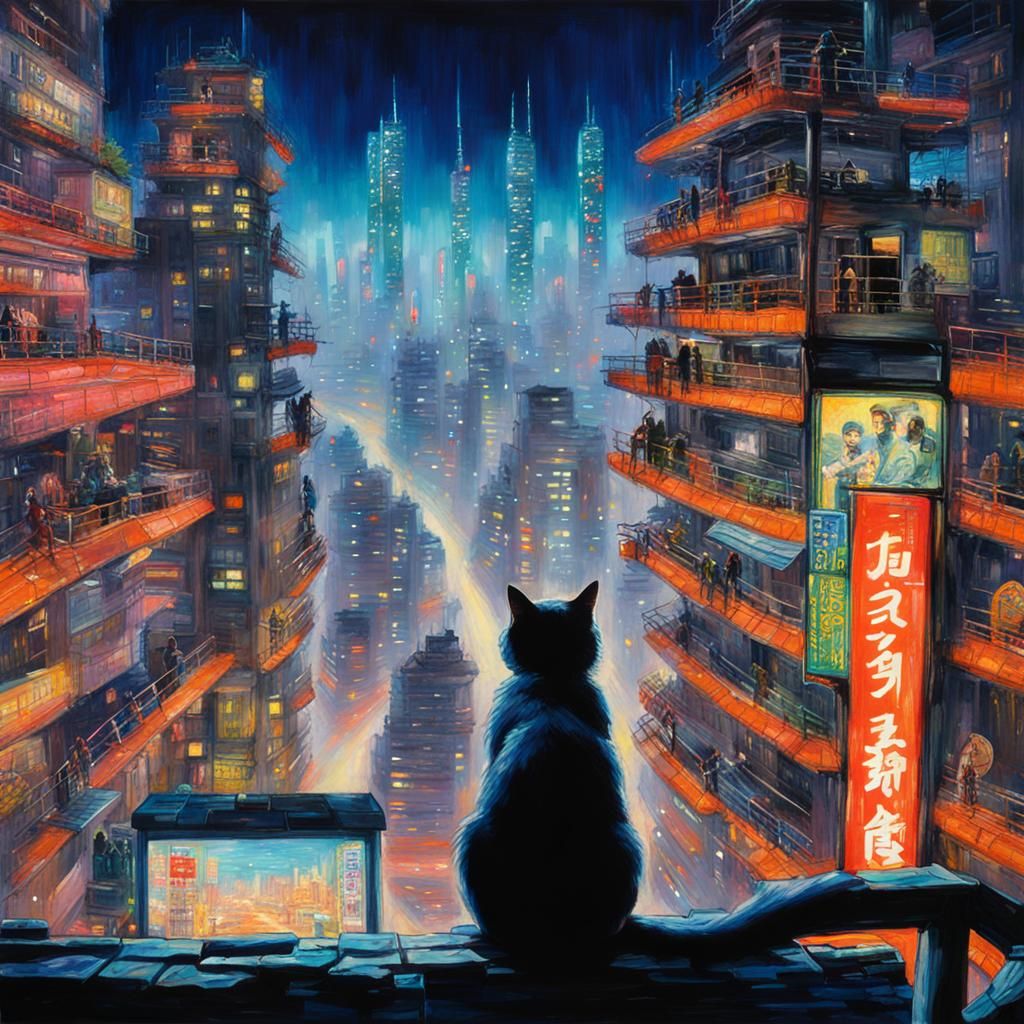 Cyberpunk Tokyo Skyline with Cat, in Impressionist Style