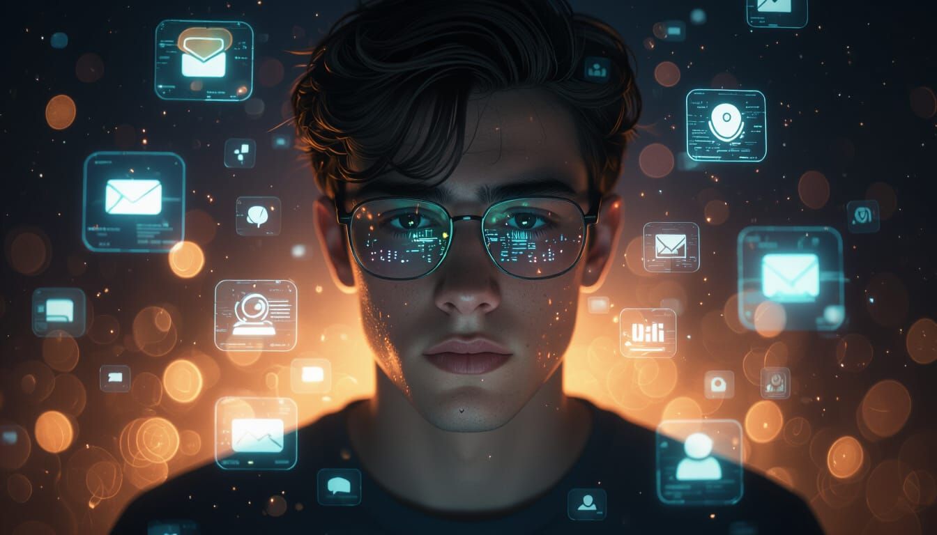 Man Overwhelmed by Holographic App Icons in Dark Void