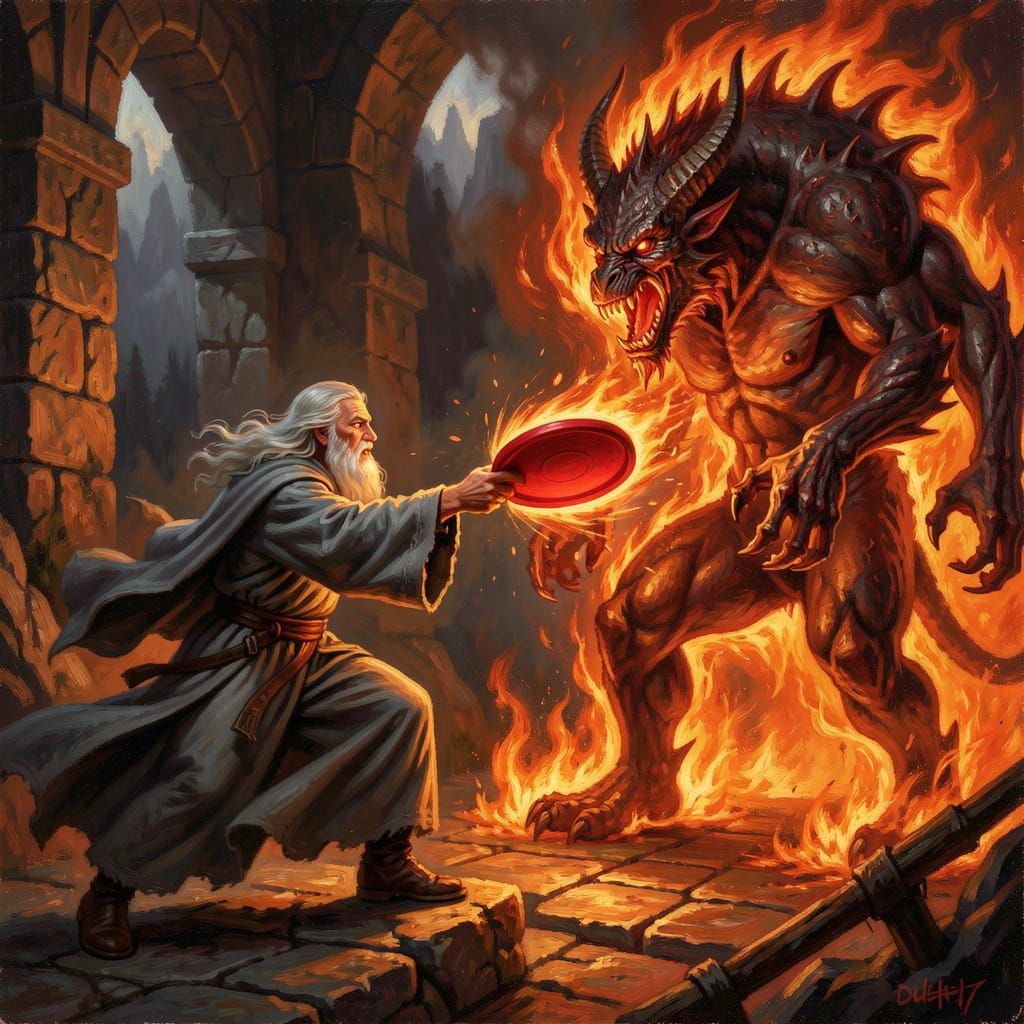 Gandalf Hurls Disc at Fiery Balrog on Bridge in Fantasy Oil ...