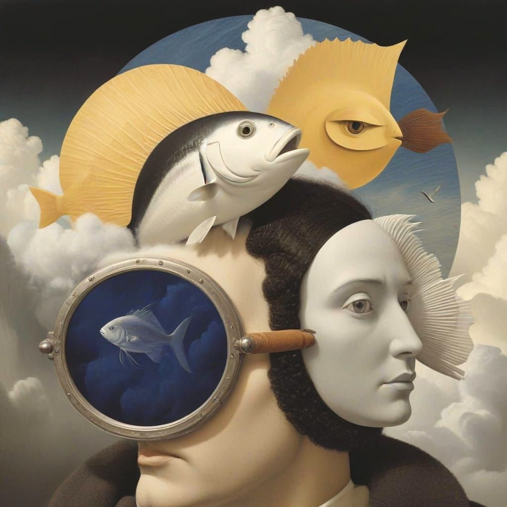Surrealist Collage of Clouds and a Fish