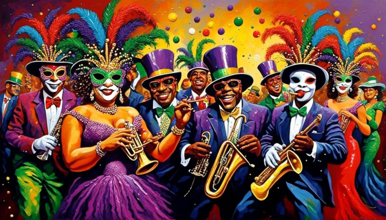 Lively Mardi Gras Zydeco Scene in Retro Style