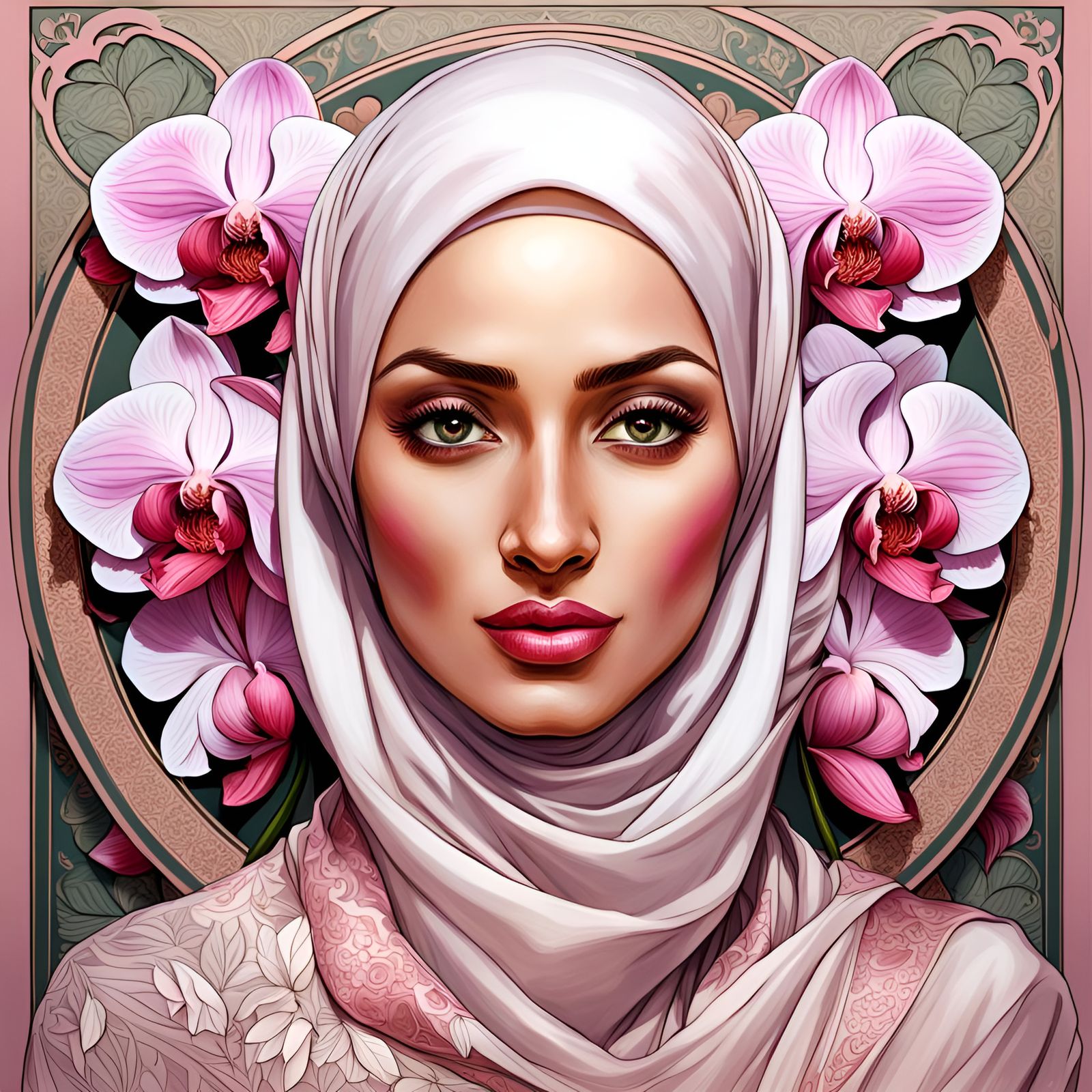Beautiful Hijabi Woman Portrait in Art Nouveau Style