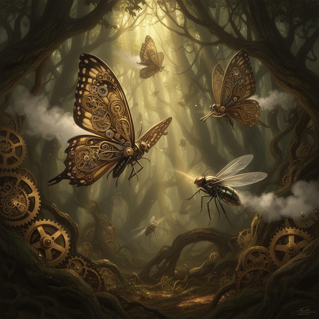 Steampunk Butterflies Battle Mechanical Flies in Gnarled For...