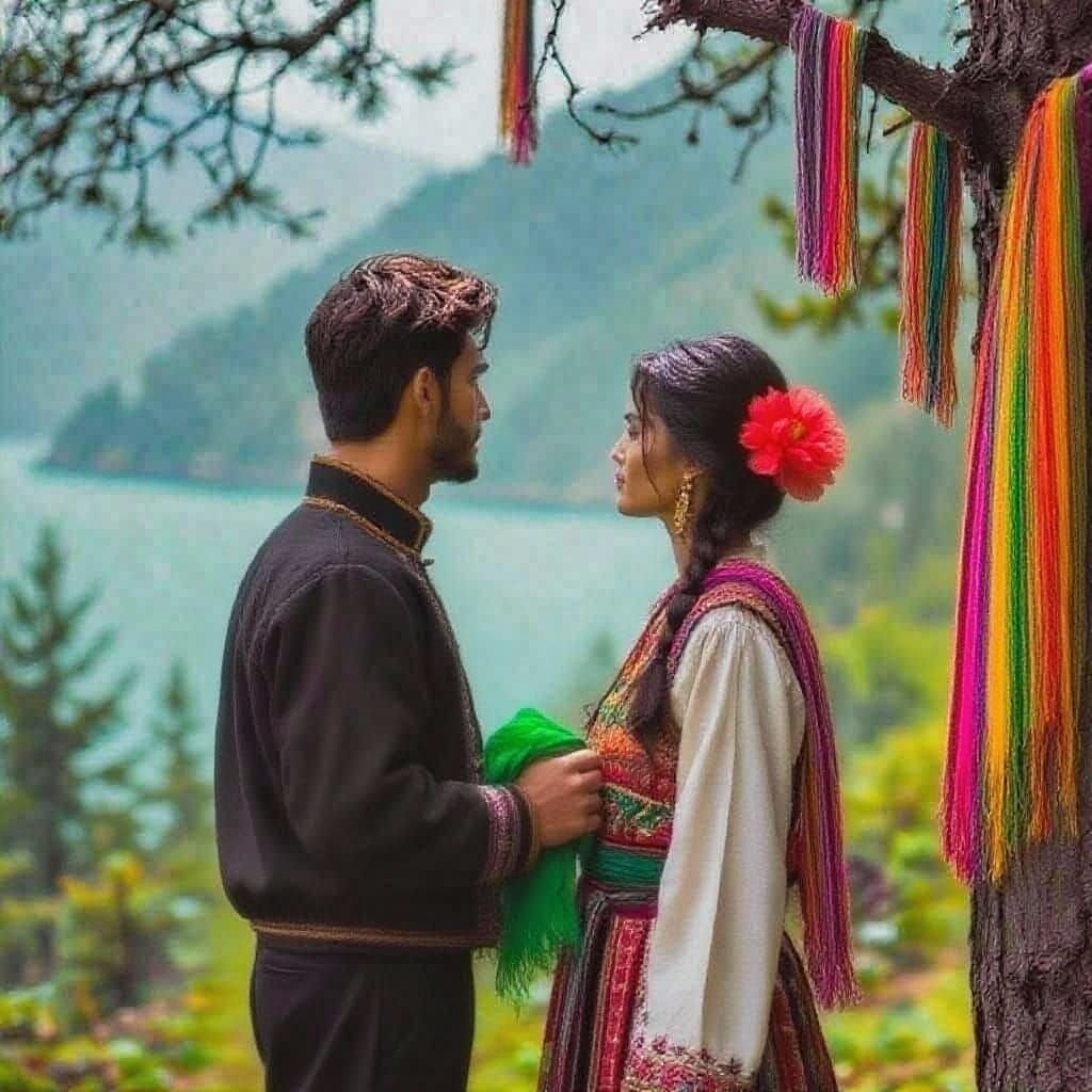 Young Couple in Misty Iranian Forest: Dreamy Realism