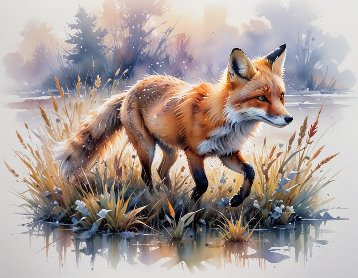 Red Fox Trotting Through Frosty Meadow at Dawn