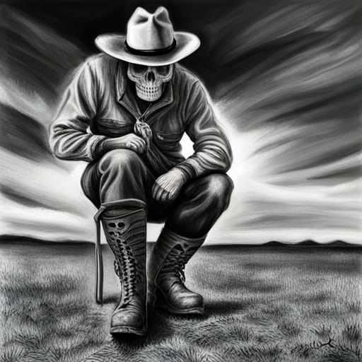 Humorous Skeleton Cowboy Jackhammer in Charcoal Style