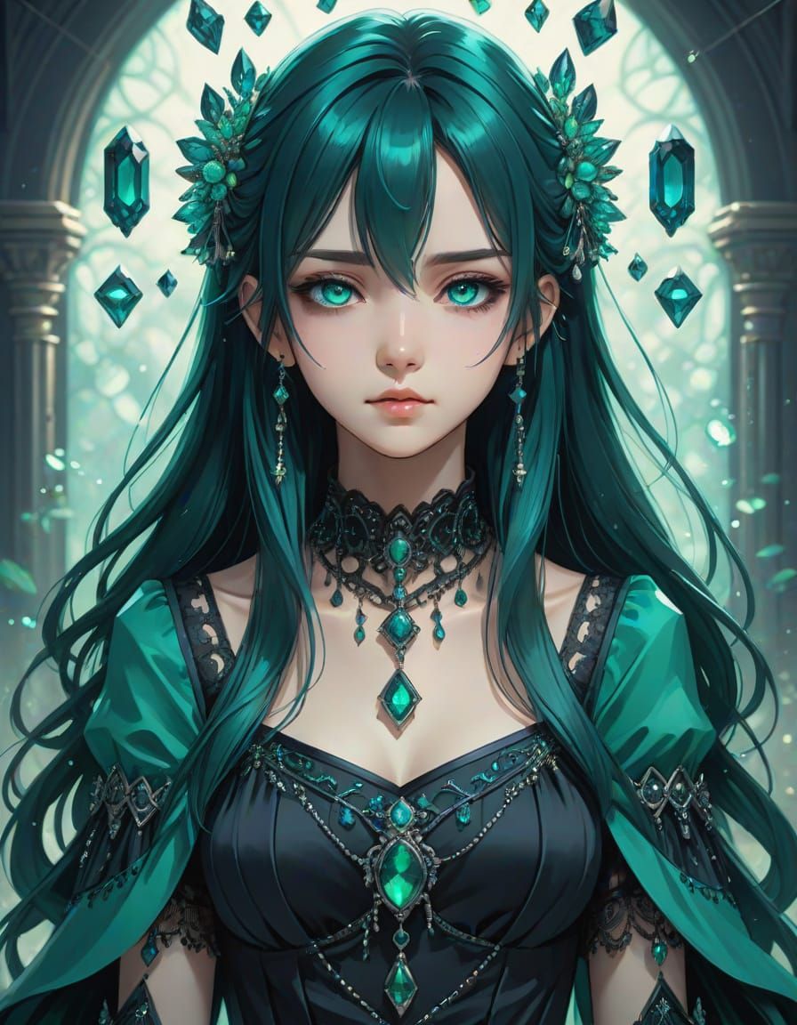 Ethereal Anime Goddess in Emerald Splendor