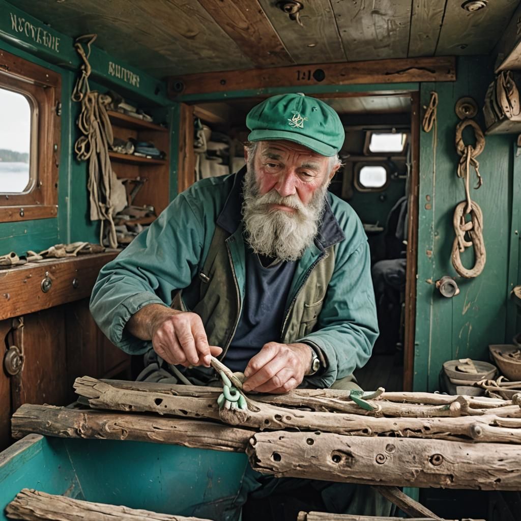 Old Seaman Whittling Runes in Boat Cabin
