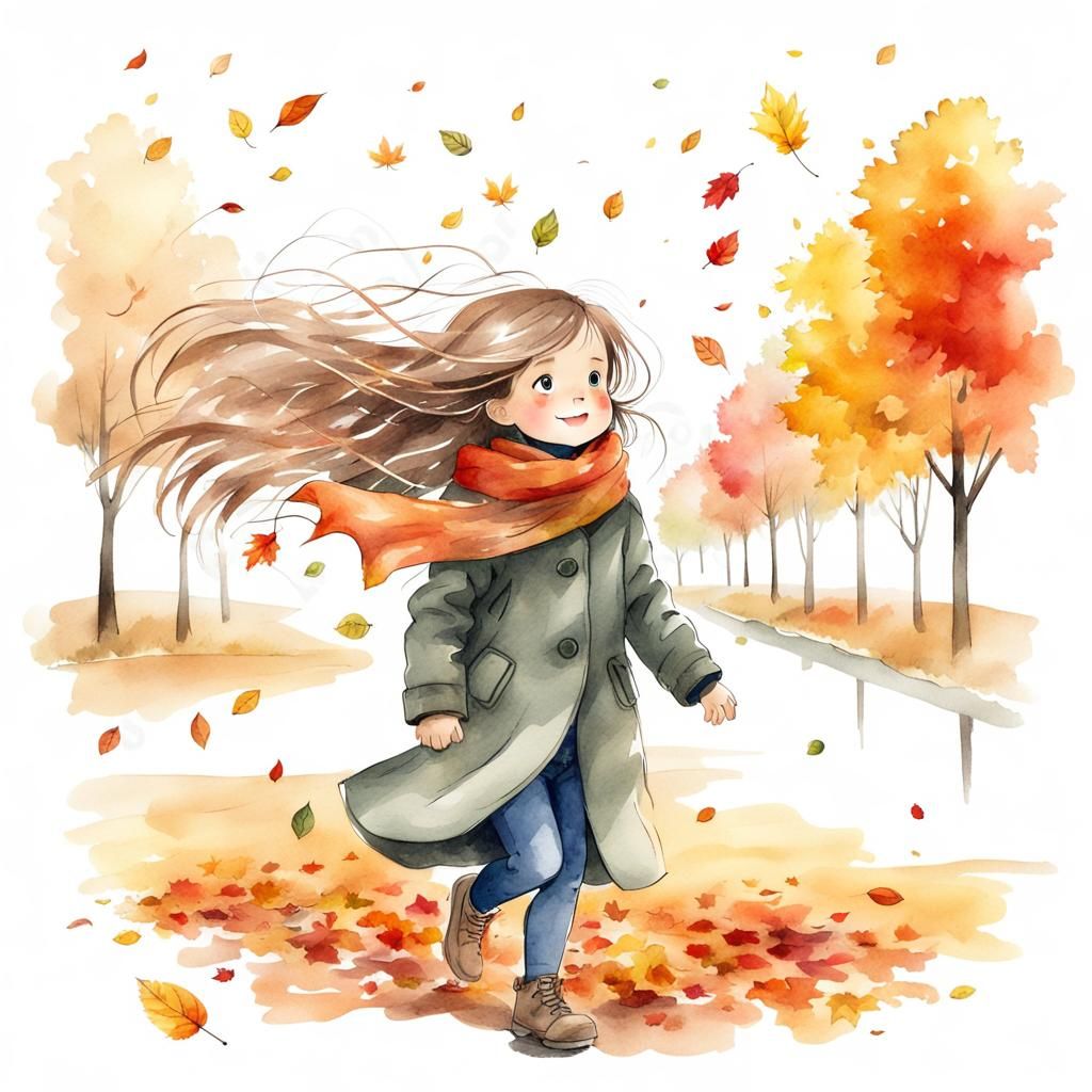 Autumn Child with Windblown Leaves, Watercolor Sketch