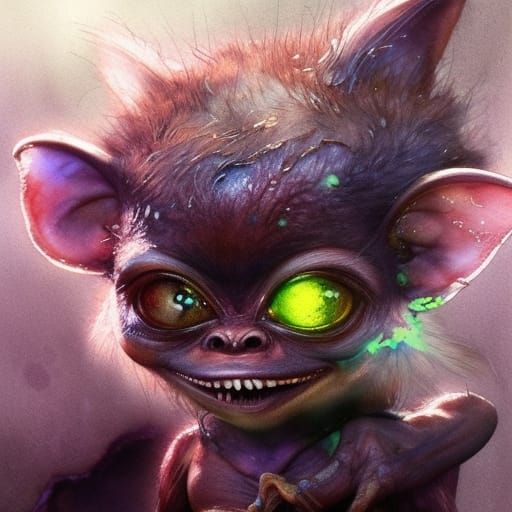 Watercolor Mogwai Gremlin with Soulful Eyes