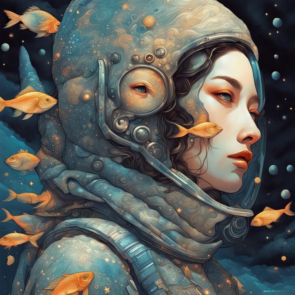 Fish Alien Woman in Spacesuit, Textured Fantasy Illustration