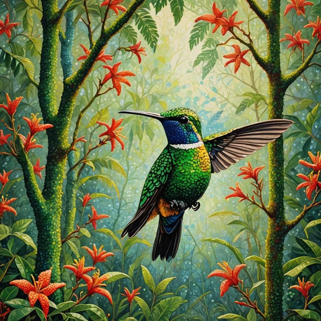 Pointillist Hummingbird Among Flamboyant Trees