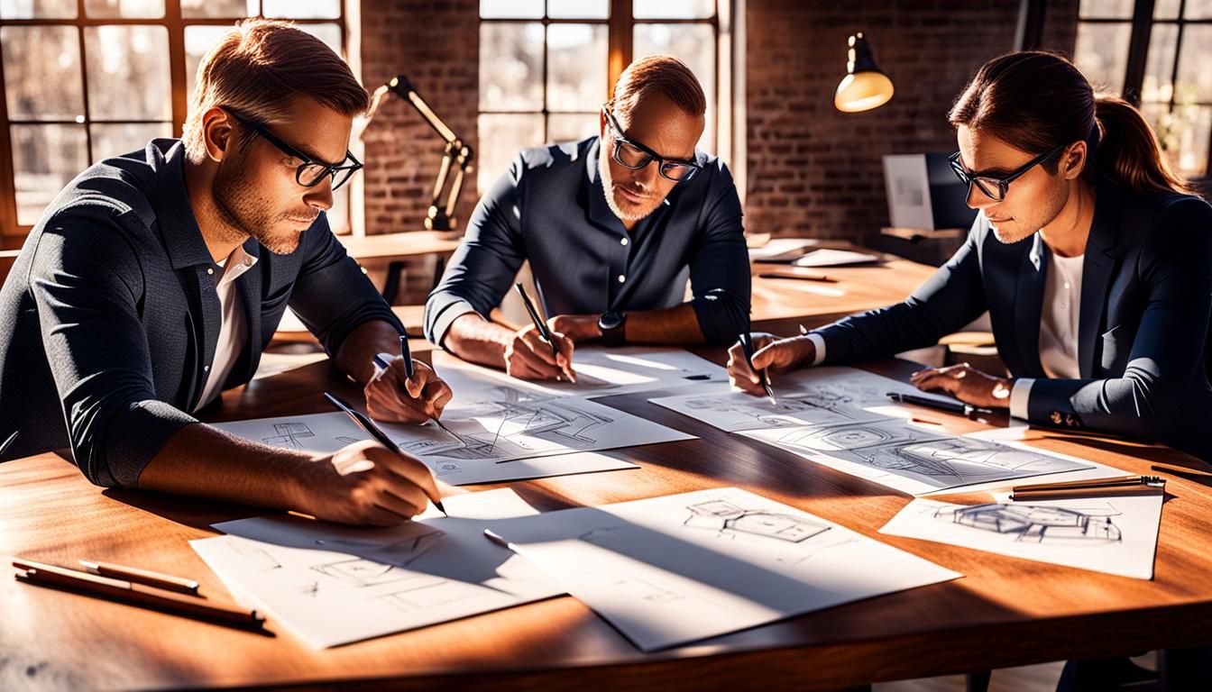 Engineering Team Brainstorms Surrounded by Sketches