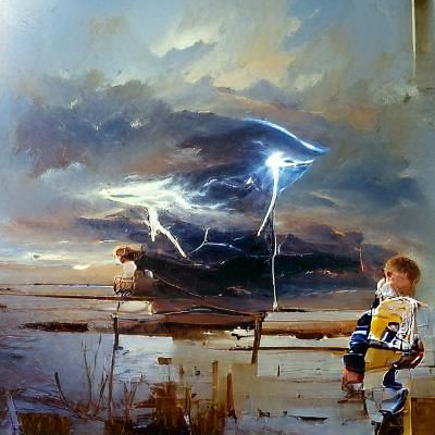 Young Man's Fascination with Lightning: An Oil Painting