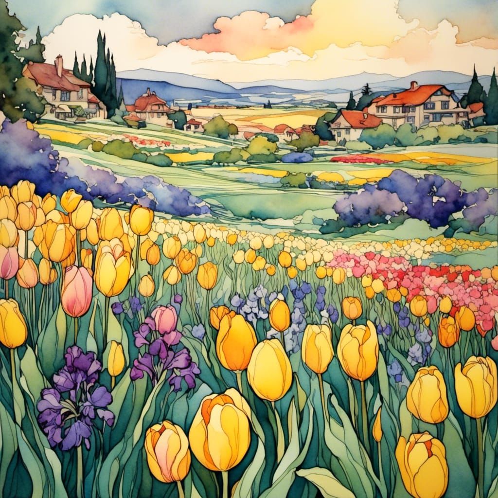 Art Nouveau Floral Field with Distant Village