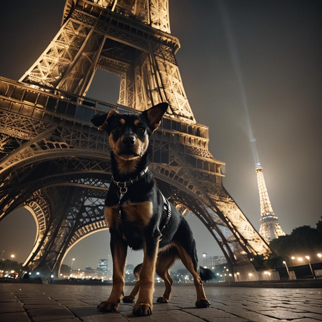 Dog by Eiffel Tower in Hyperrealistic Photography Style