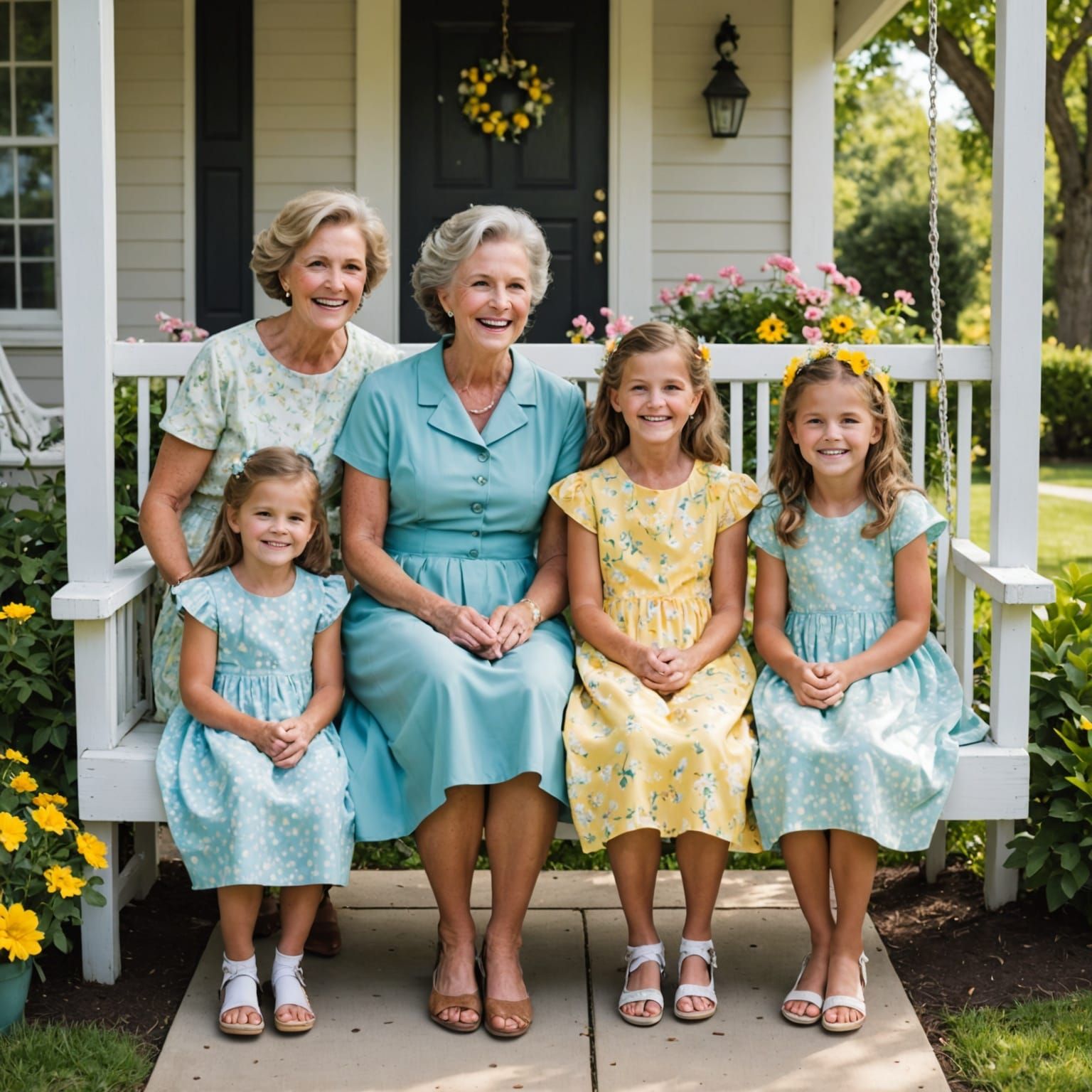 Loving Family on Porch Swing in Airbrush Style