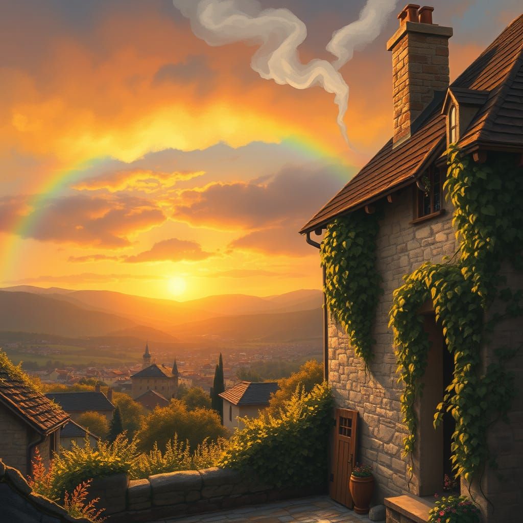 Cozy Stone Cottage with Vines, Rainbow, and Sunset