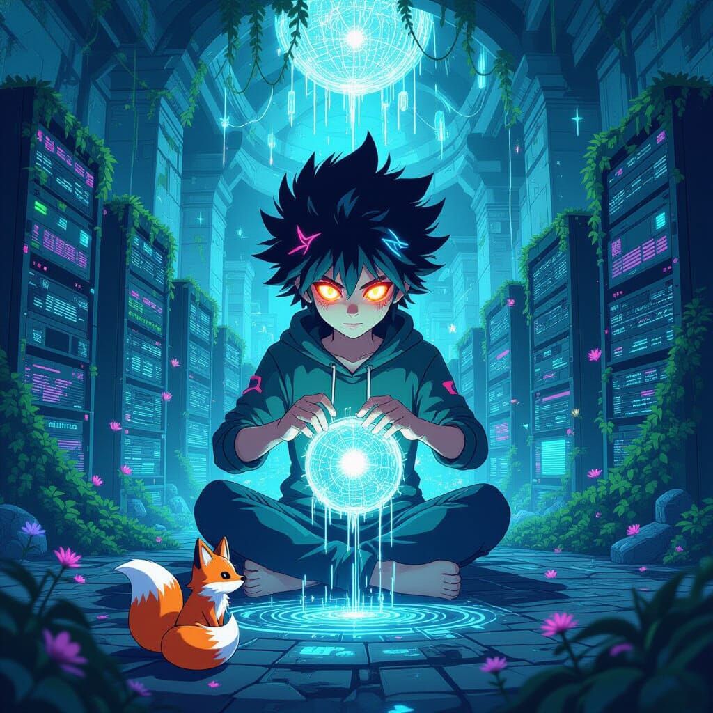 Anime Weaver of Digital Tapestry in Abandoned Server Temple