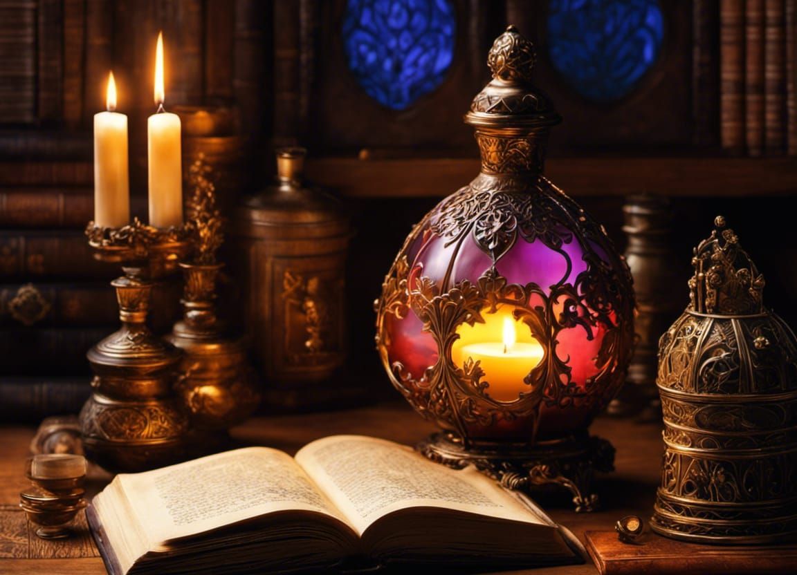 Magical Journal with Potions in Candlelit Lab