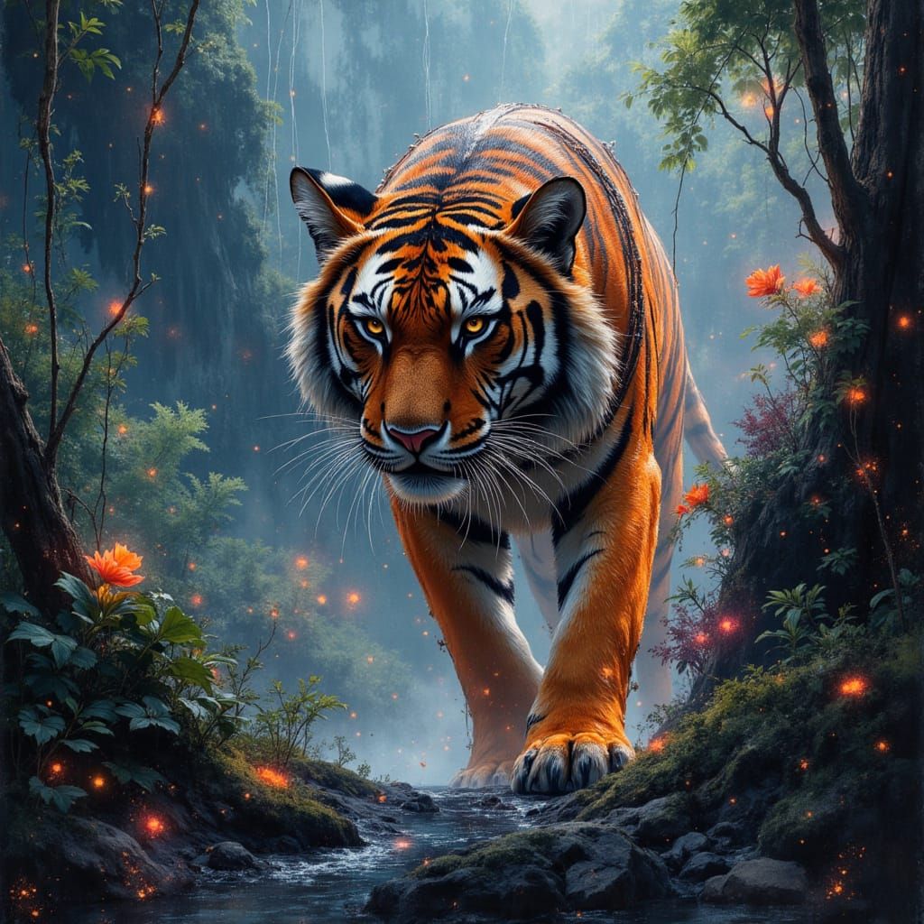 Cybernetic Bengal Tiger in Neon Jungle