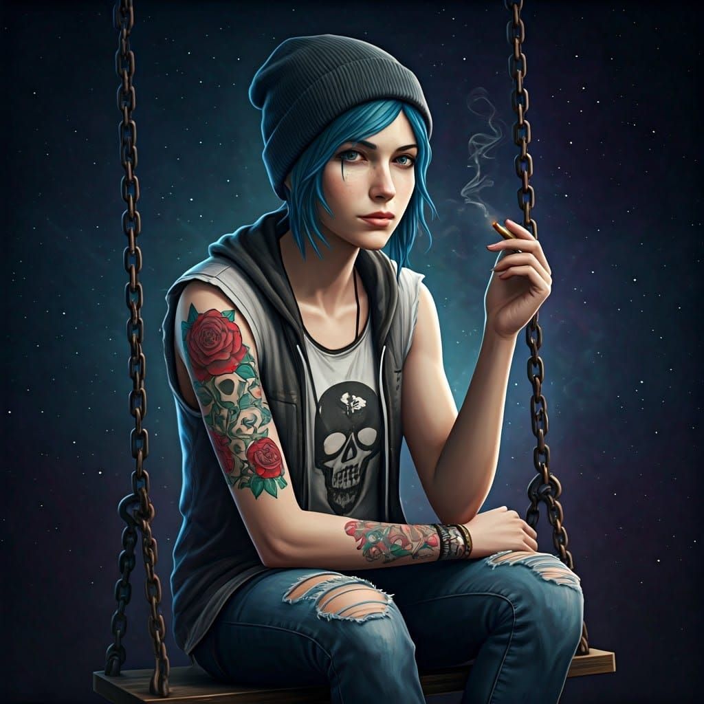 Young Woman Smirks on a Swing in a Neon-Lit Cosmic Backyard