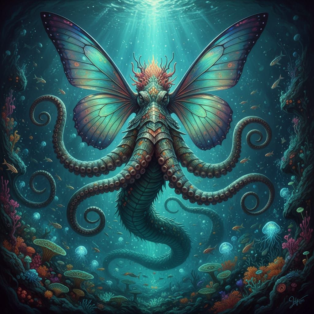 Majestic Kraken with Iridescent Butterfly Wings Rises From D...