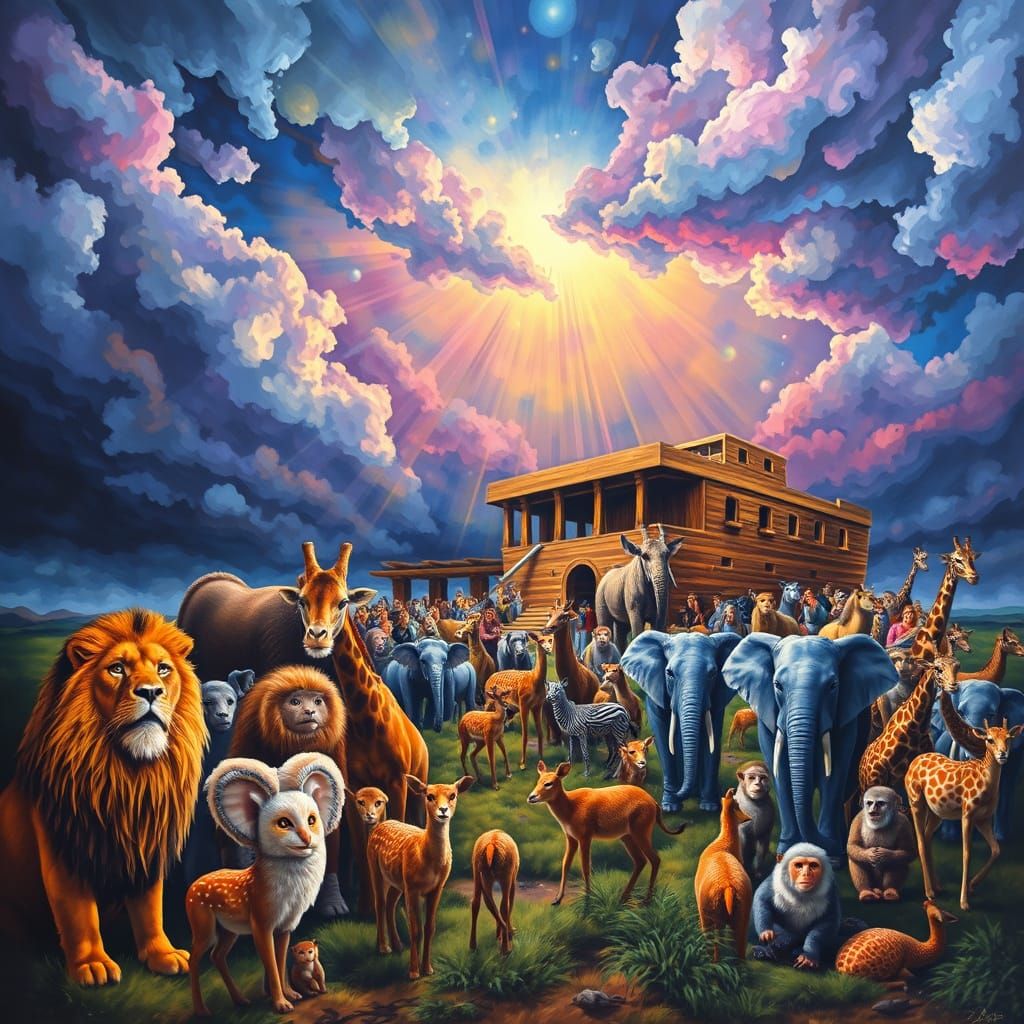 Vibrant Noah's Ark Scene with Diverse Animals in a Stormy Sk...
