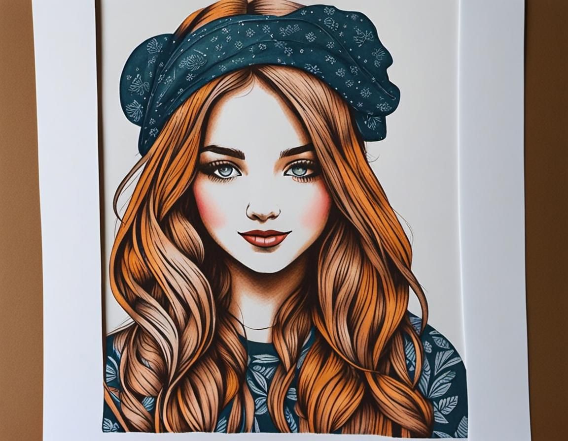 Cute Girl in Hand-Colored Linoprint Style