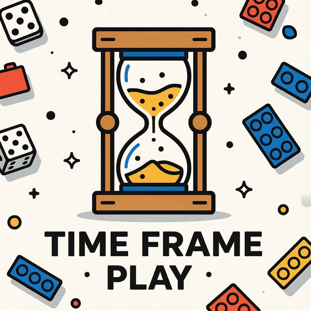 Minimalist Hourglass Logo with Dice and LEGOs