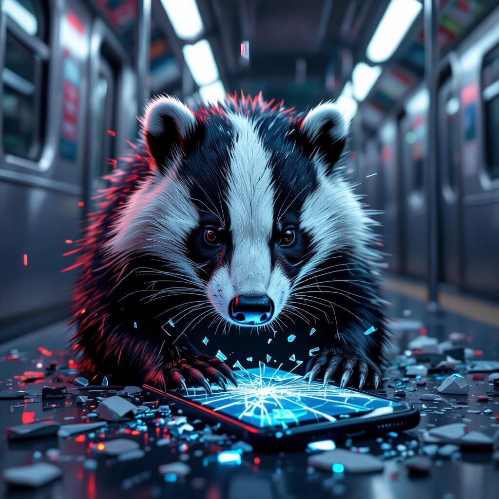 Melancholic Badger in Shattered Screen: Glitch Art