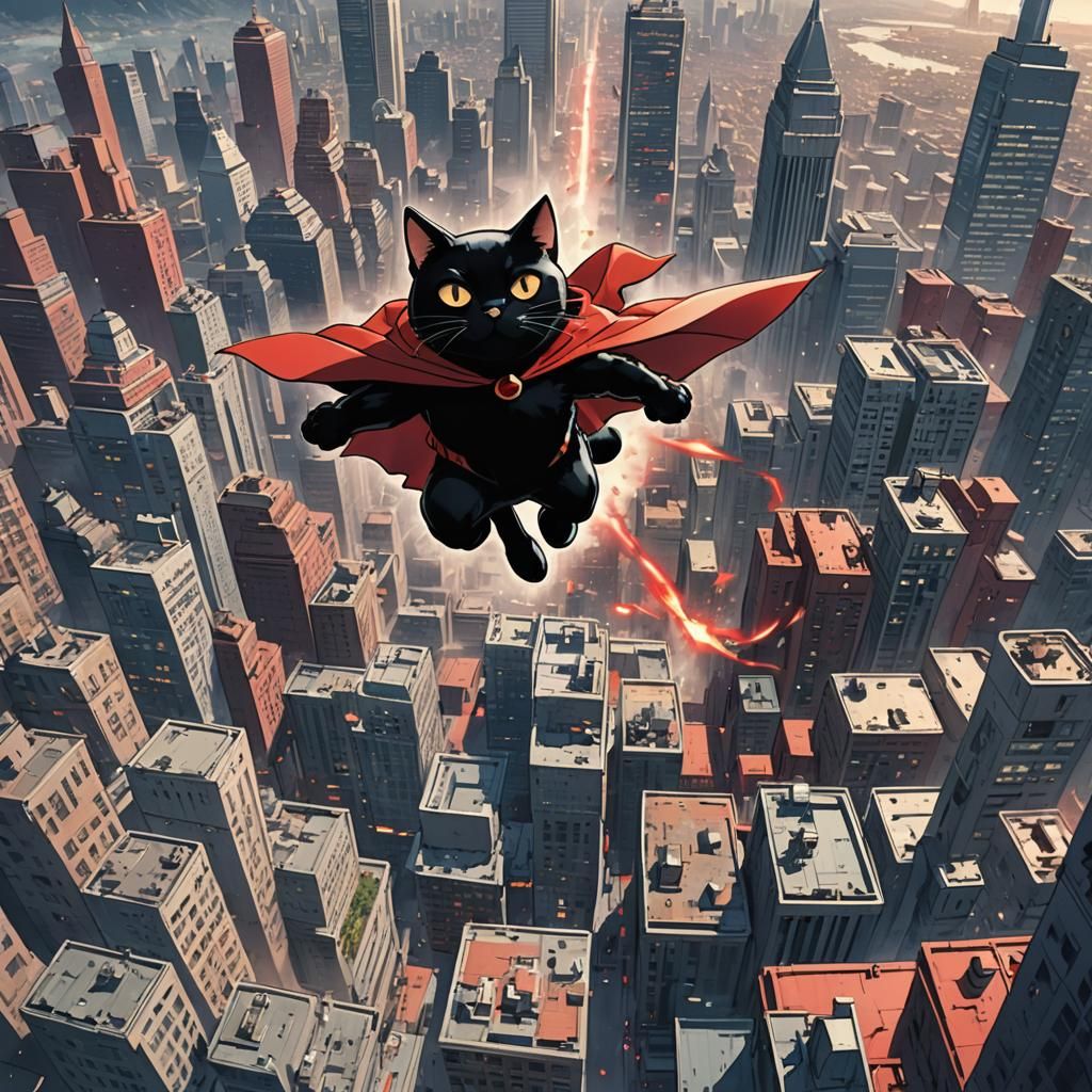 Black Cat Superhero Pursues Mouse, Anime Style