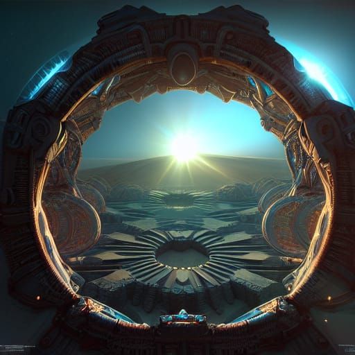 Elaborate Stargate on Alien Planet with Sun Rays
