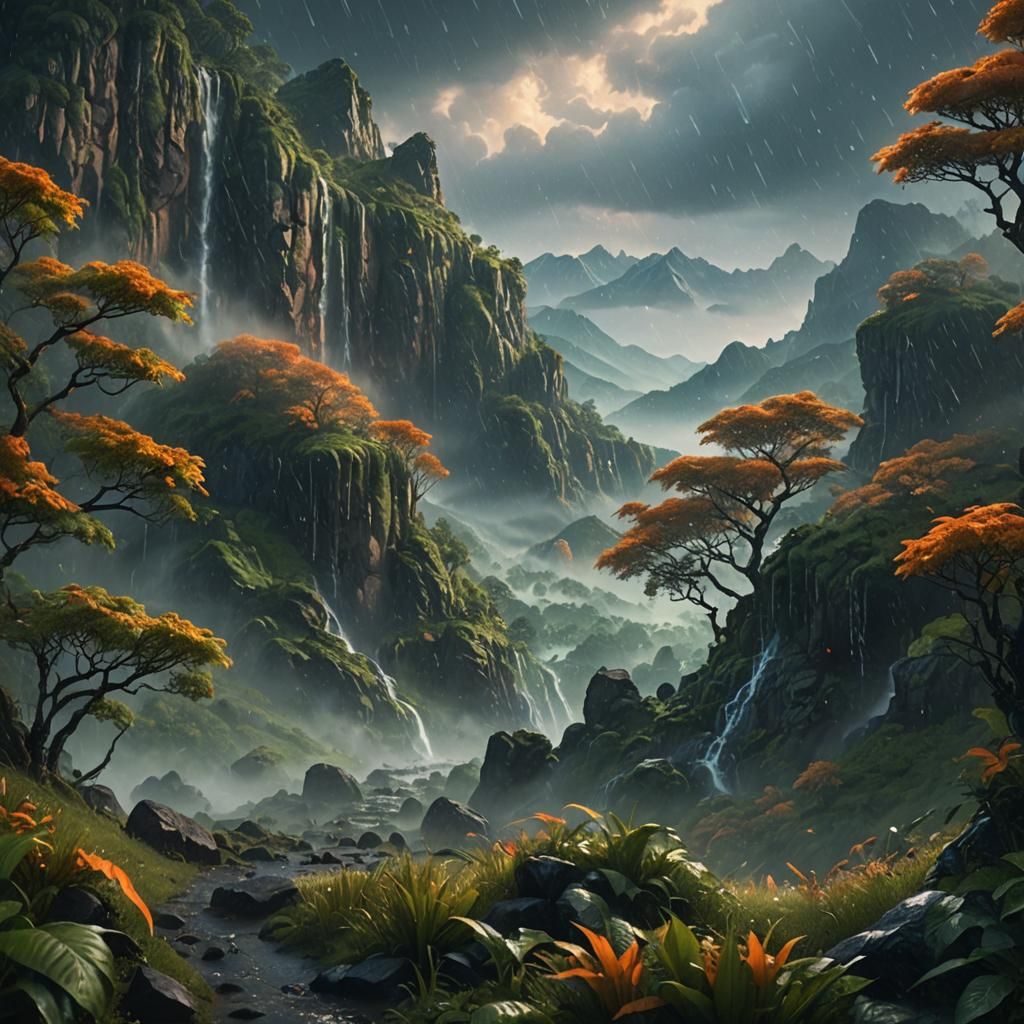 Mystical Mountain Rain: Fantasy Landscape Art