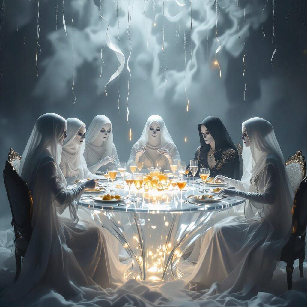 Ethereal Ghost Banquet with Crystal Table and Spectral Strea...