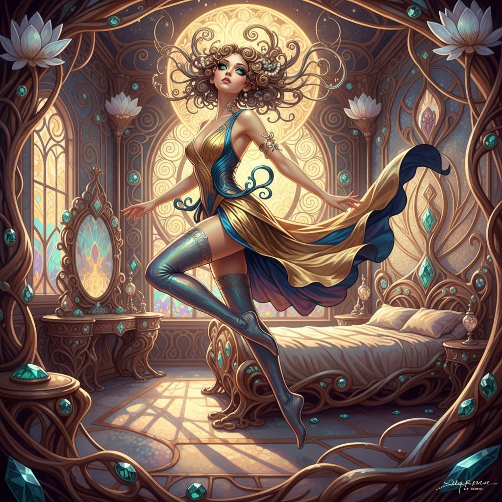 Woman in Opulent Bedroom, Futuristic Art Nouveau Style