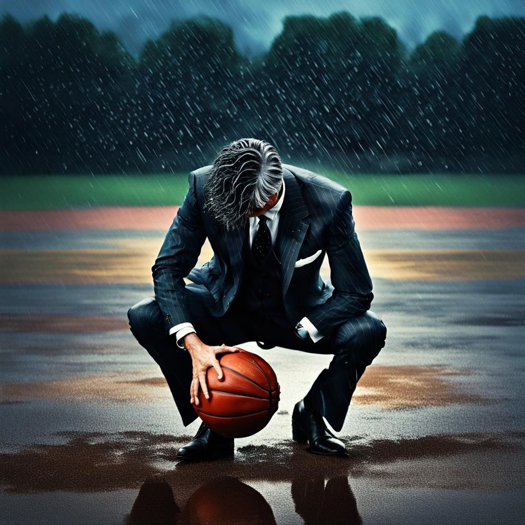 Man in Suit Kisses Basketball in Rain