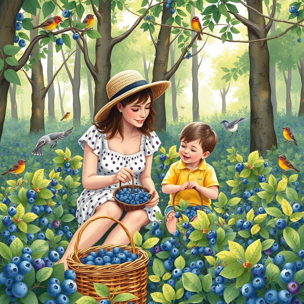 Mother and Son Blueberry Picking, Whimsical Illustration