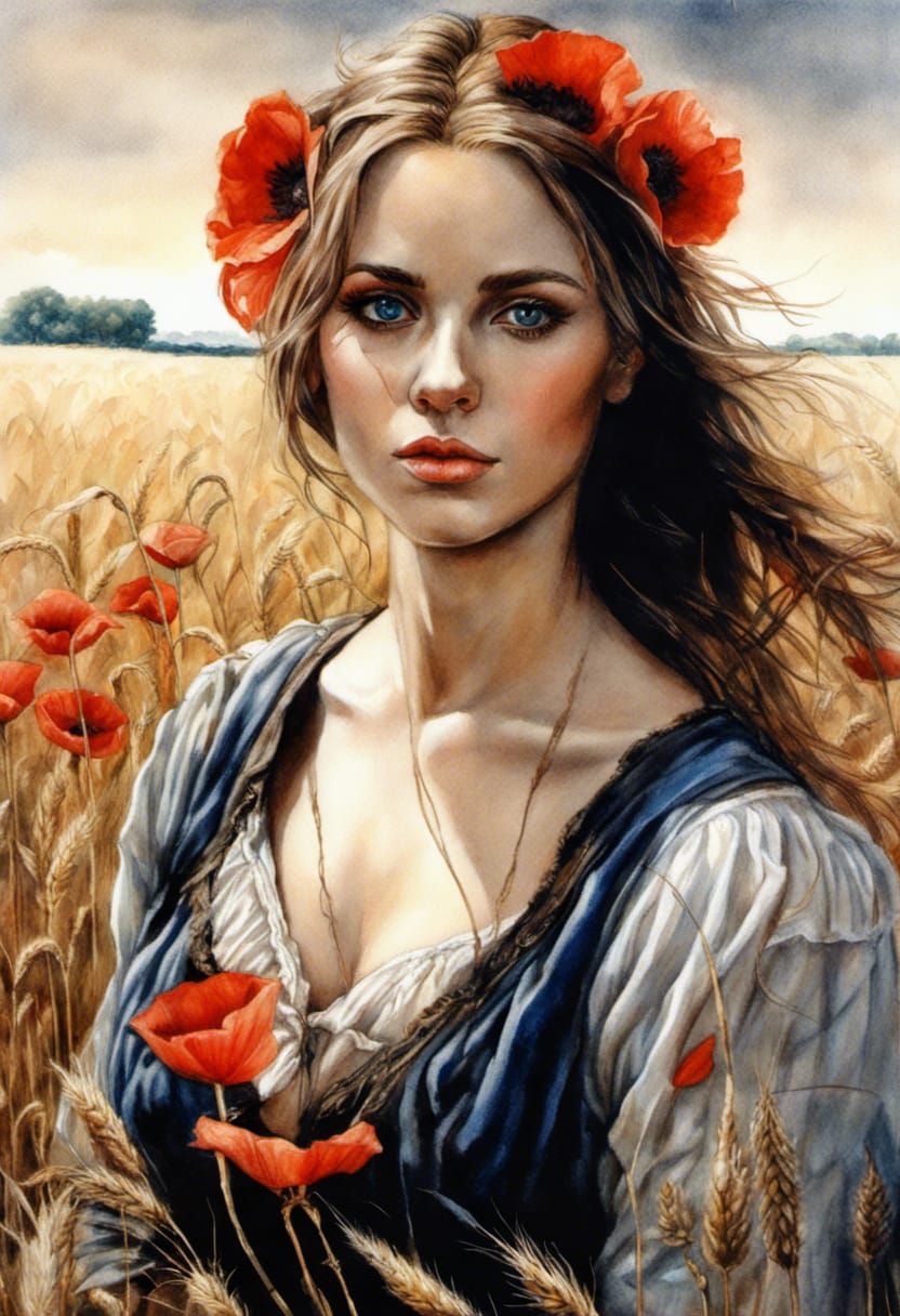 Romantic Woman in Wheat Field Watercolor