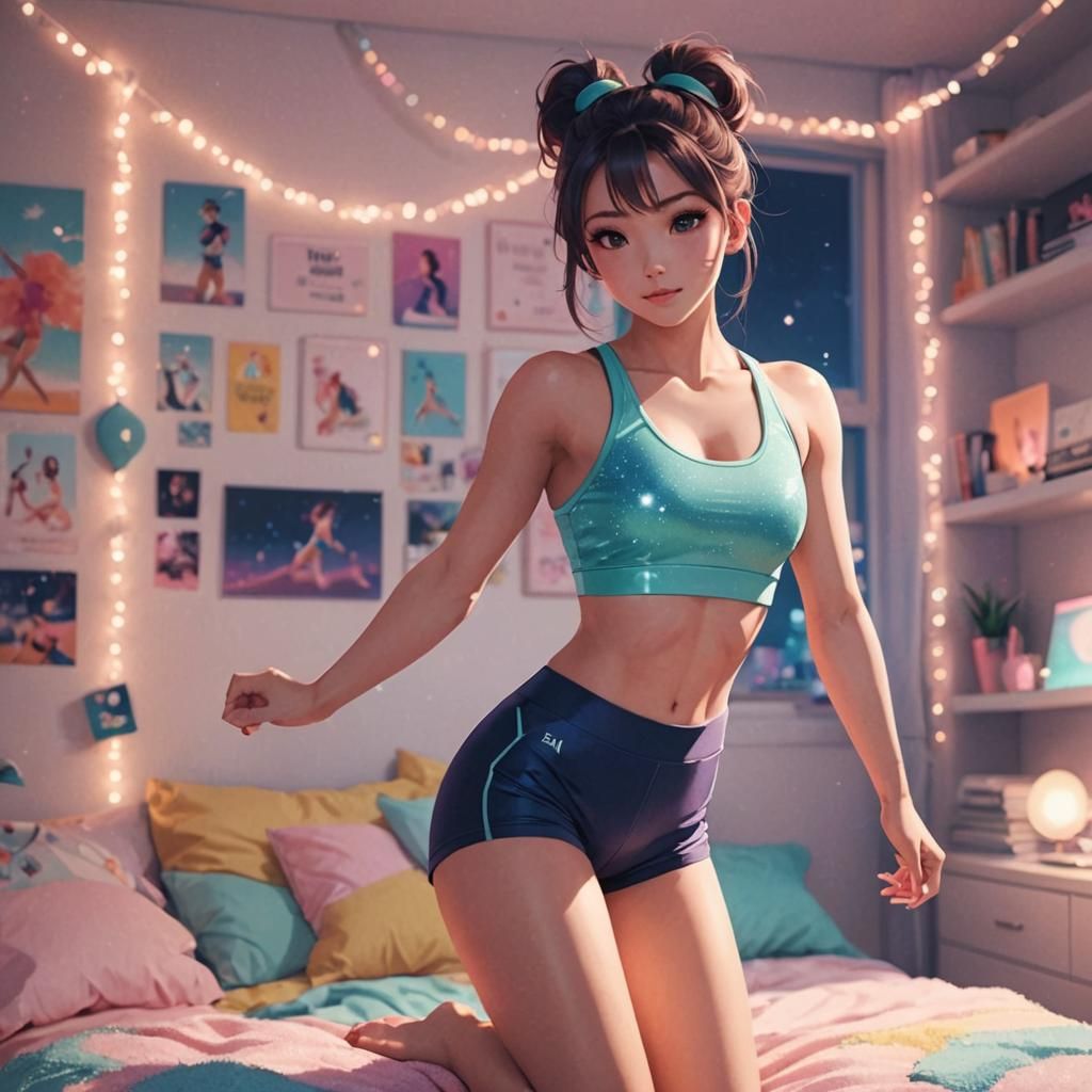 Anime Gymnast Girl in Fuzzy Bedroom